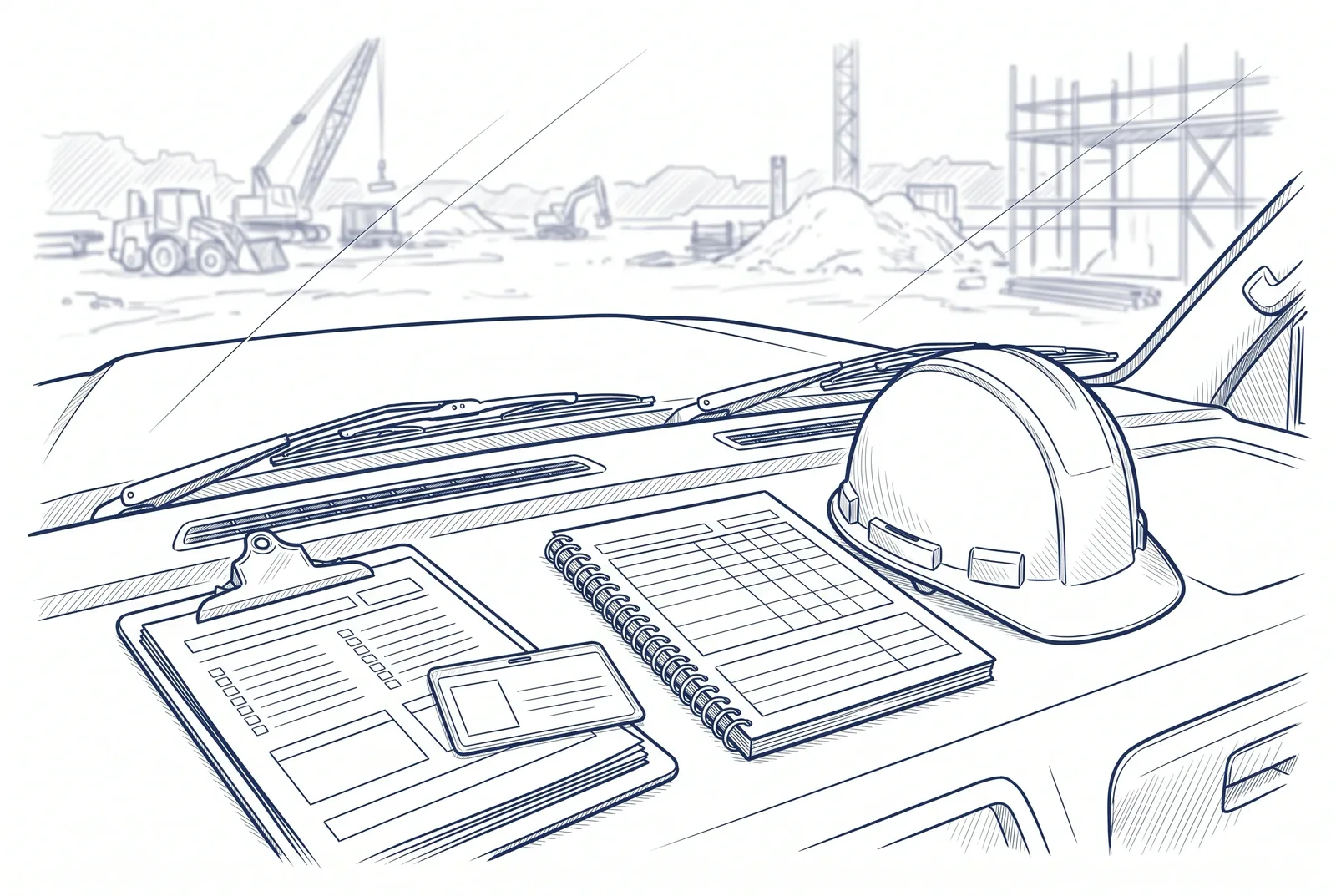 Line drawing of a truck dashboard holding a clipboard of inspection forms, a laminated operator card, a spiral-bound load chart and a hard hat.